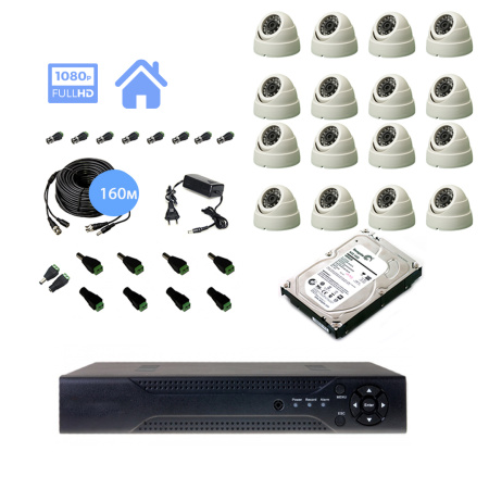 Полный комплект видеонаблюдения на 16 купольные камеры 2mpx (Эконом)